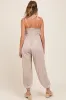 Beige Smocked Button Front Shoulder Tie Maternity Jumpsuit sold by Pinkblush