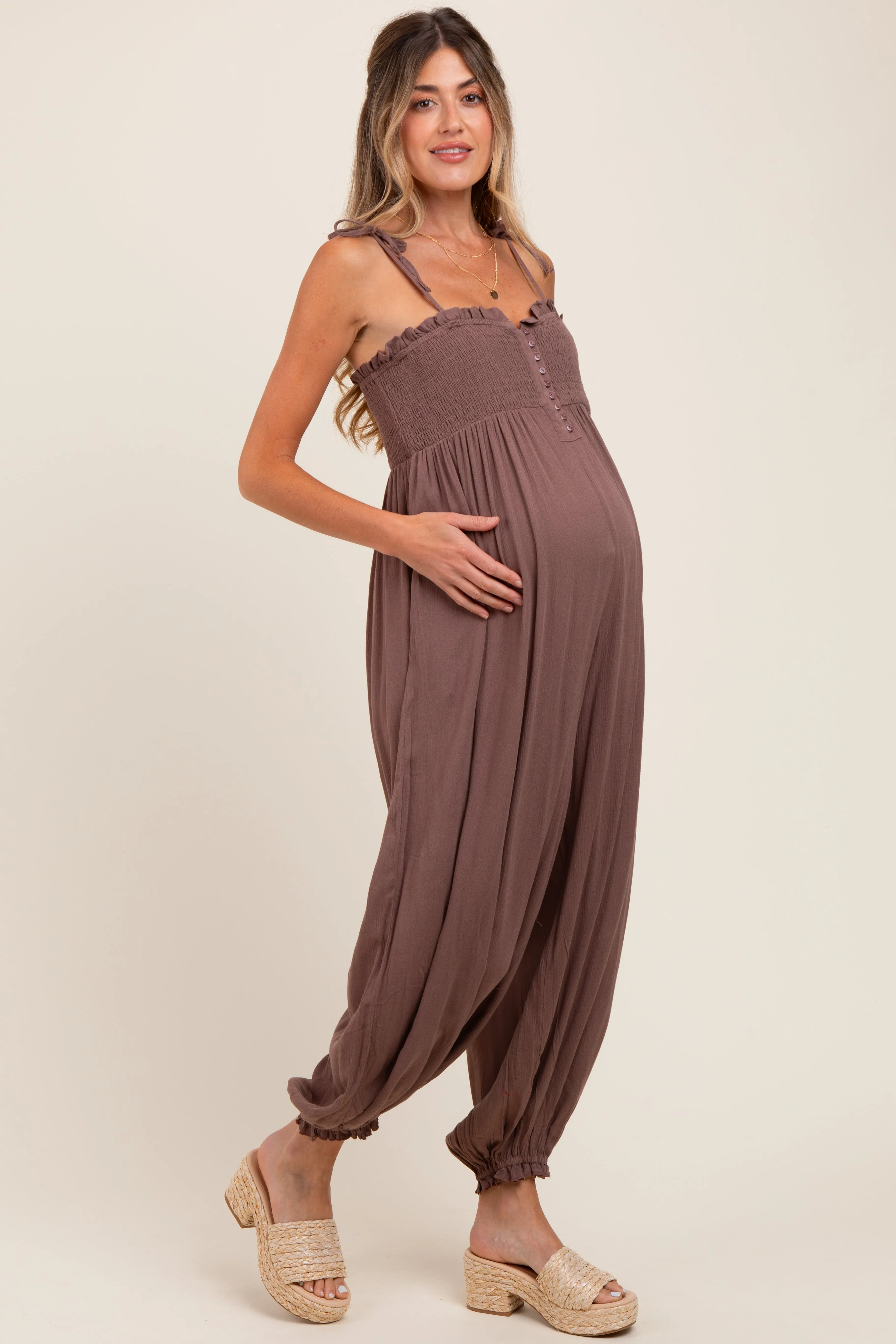 Mocha Smocked Button Front Shoulder Tie Maternity Jumpsuit sold by Pinkblush product image thumbnail 2