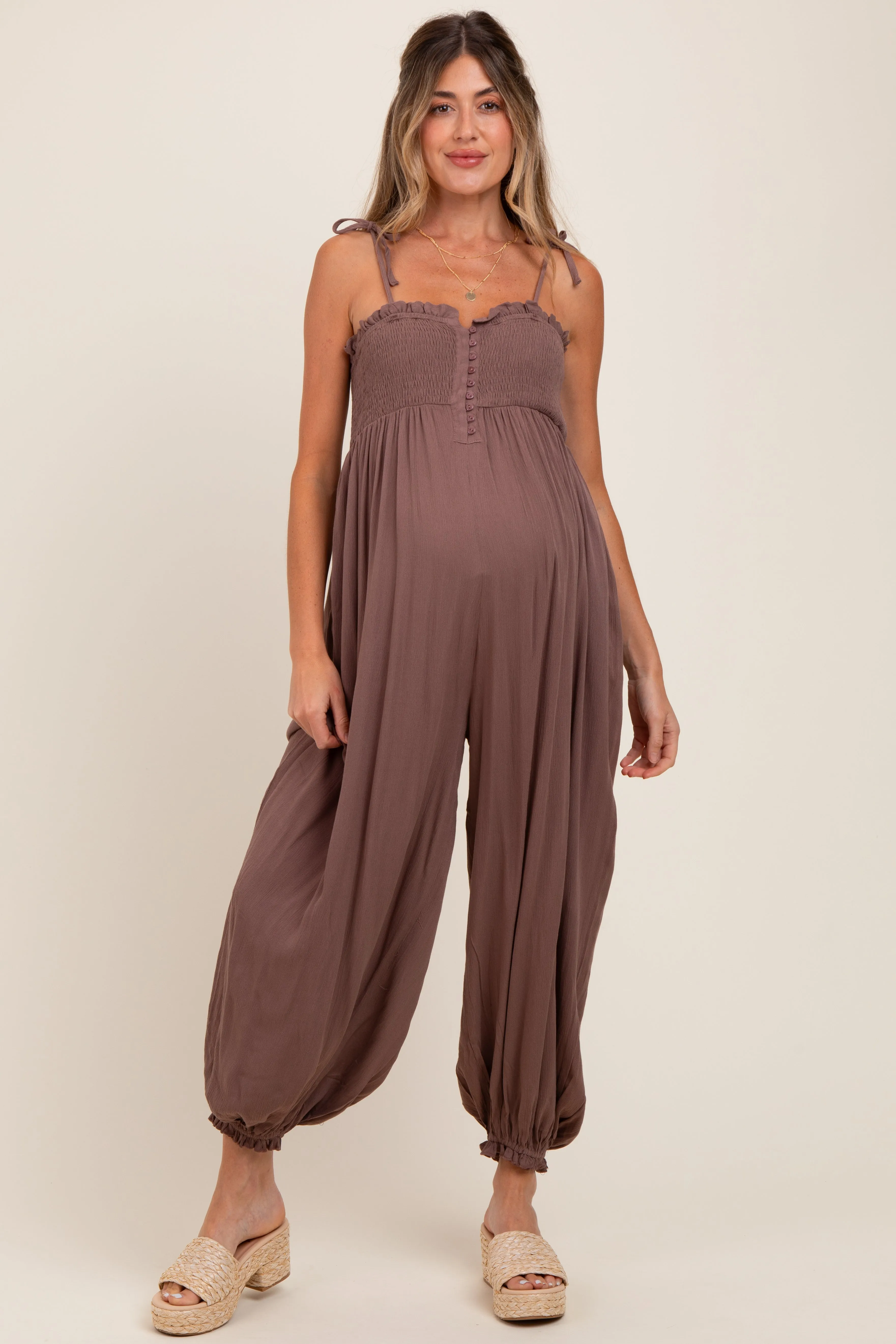 Mocha Smocked Button Front Shoulder Tie Maternity Jumpsuit sold by Pinkblush