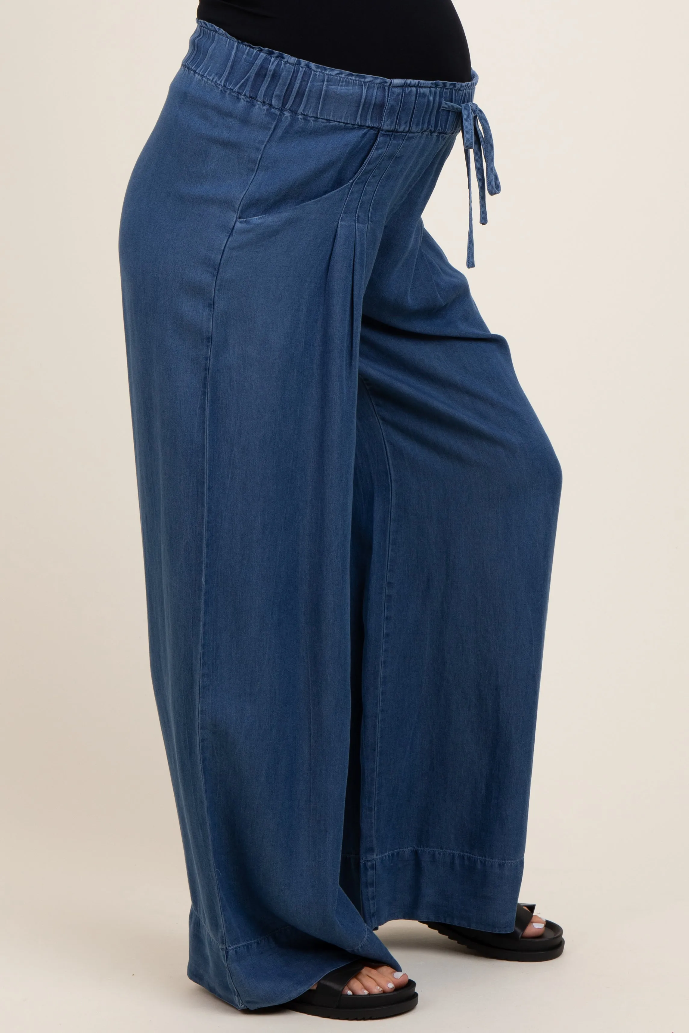 Navy Chambray Drawstring Wide Leg Maternity Pants sold by Pinkblush product image thumbnail 2