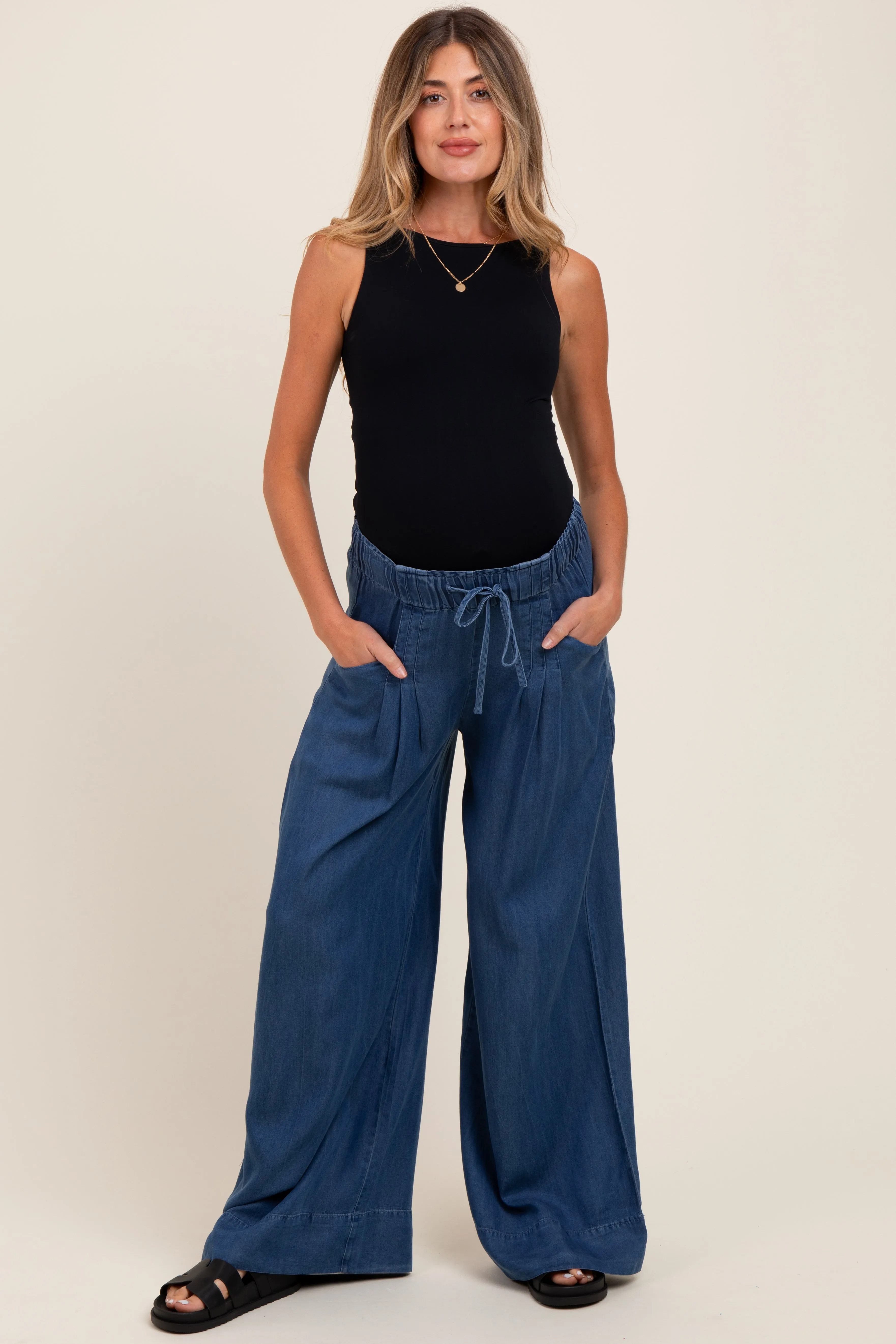 Navy Chambray Drawstring Wide Leg Maternity Pants sold by Pinkblush