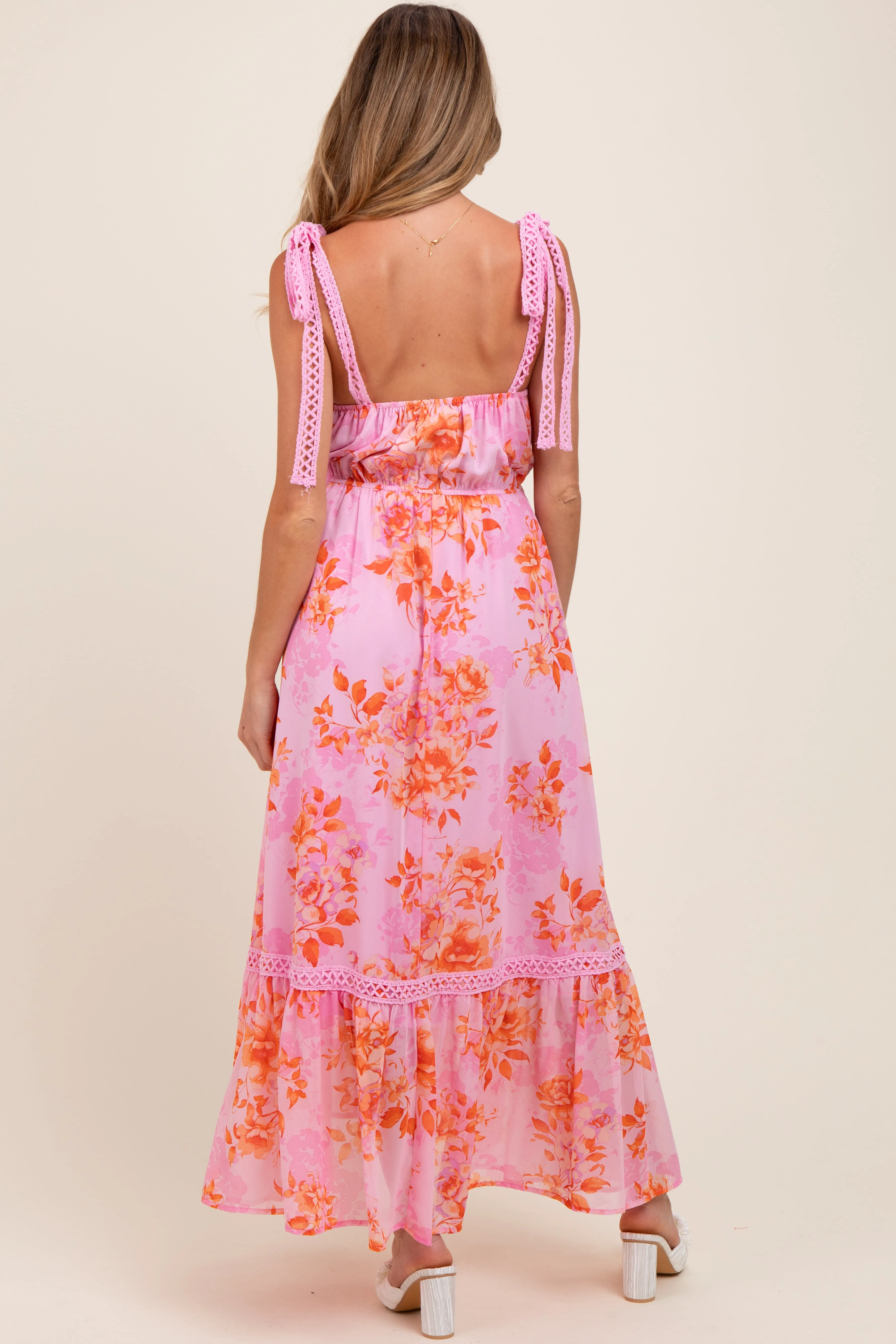 Pink Floral Shoulder Tie Tiered Maternity Maxi Dress sold by Pinkblush product image thumbnail 3