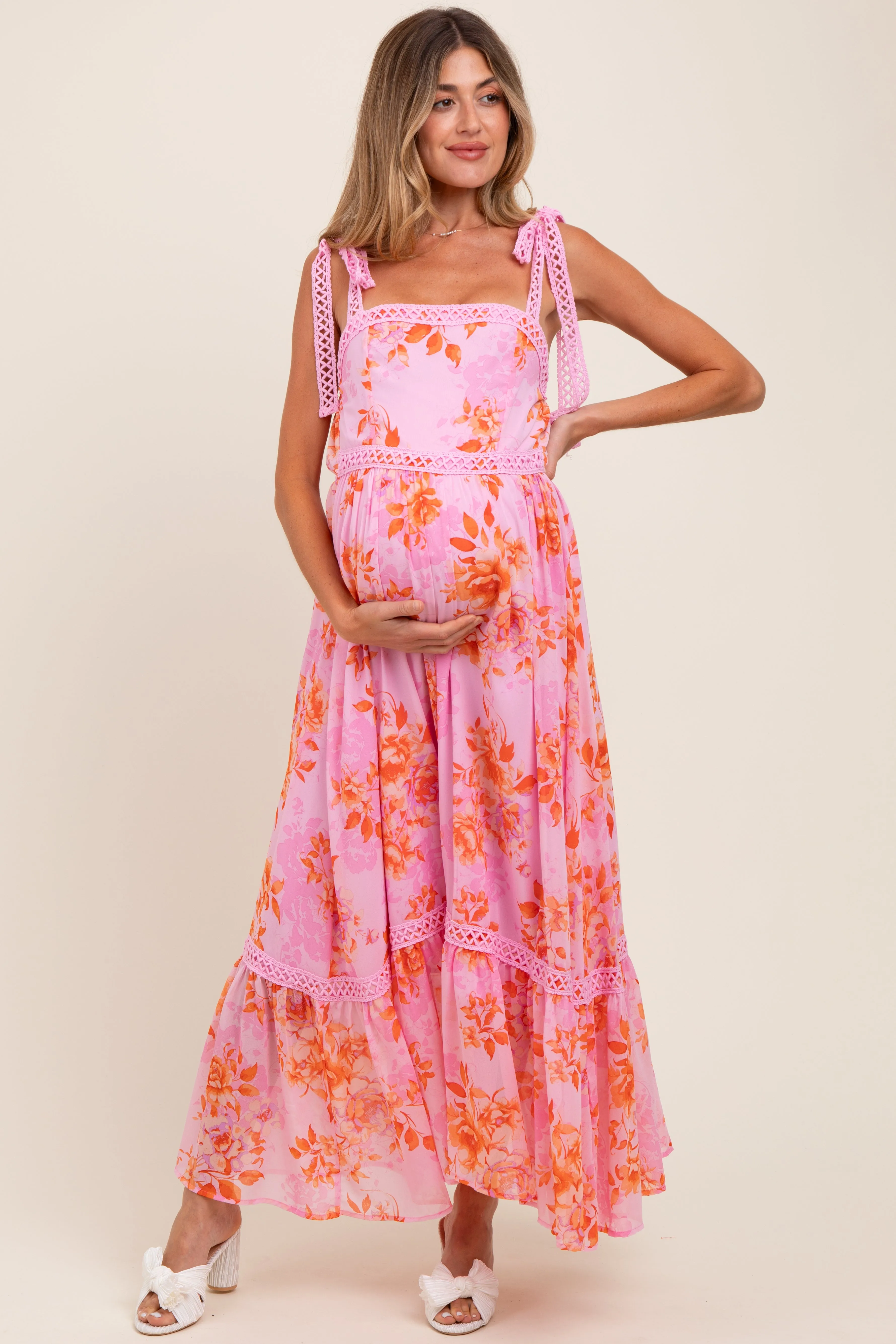 Pink Floral Shoulder Tie Tiered Maternity Maxi Dress sold by Pinkblush