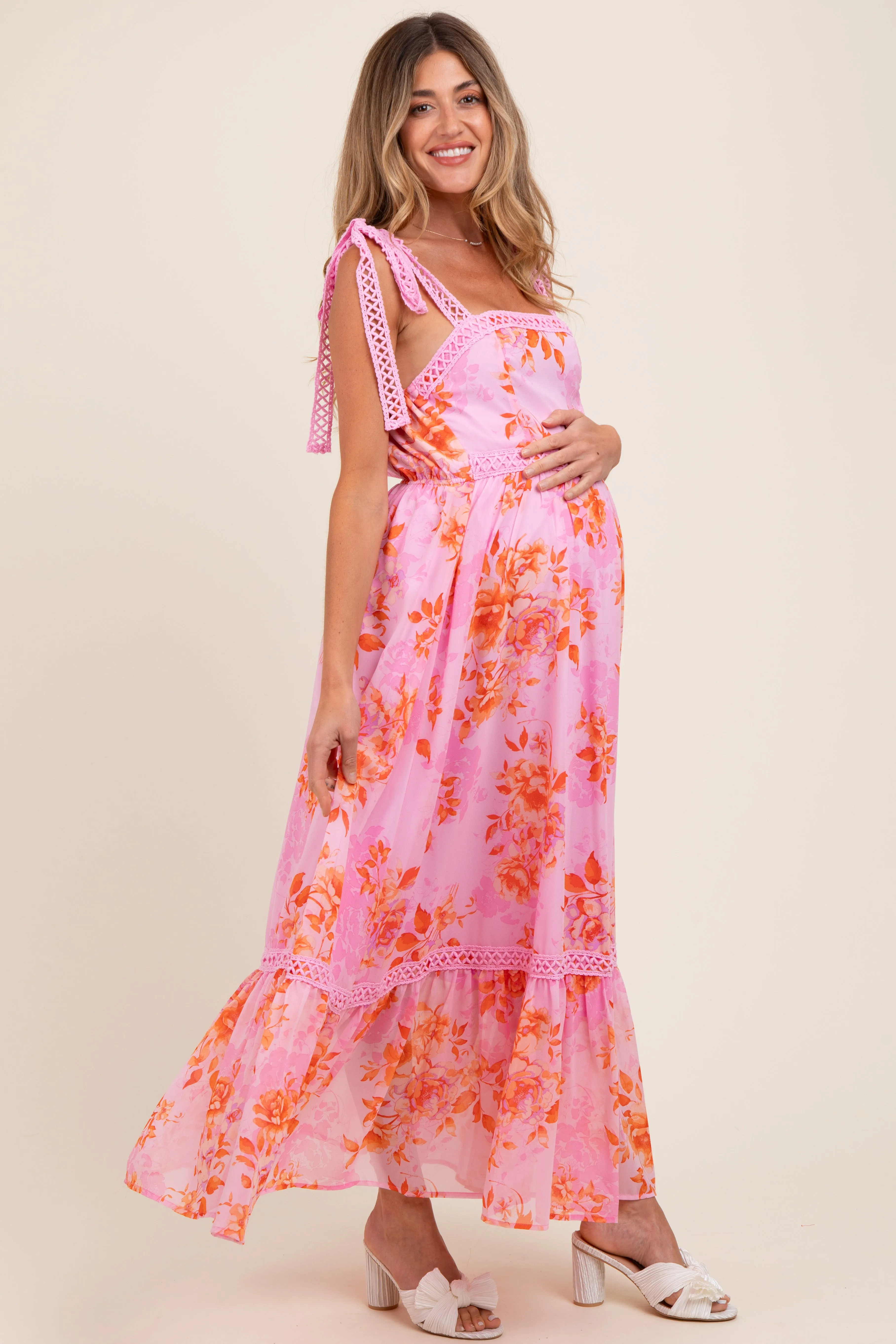 Pink Floral Shoulder Tie Tiered Maternity Maxi Dress sold by Pinkblush product image thumbnail 2