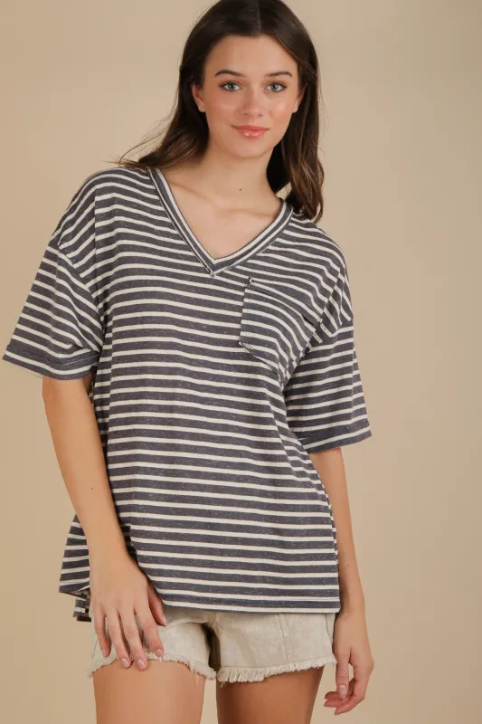 Navy Striped Oversized V-Neck Front Pocket T-Shirt sold by Pinkblush