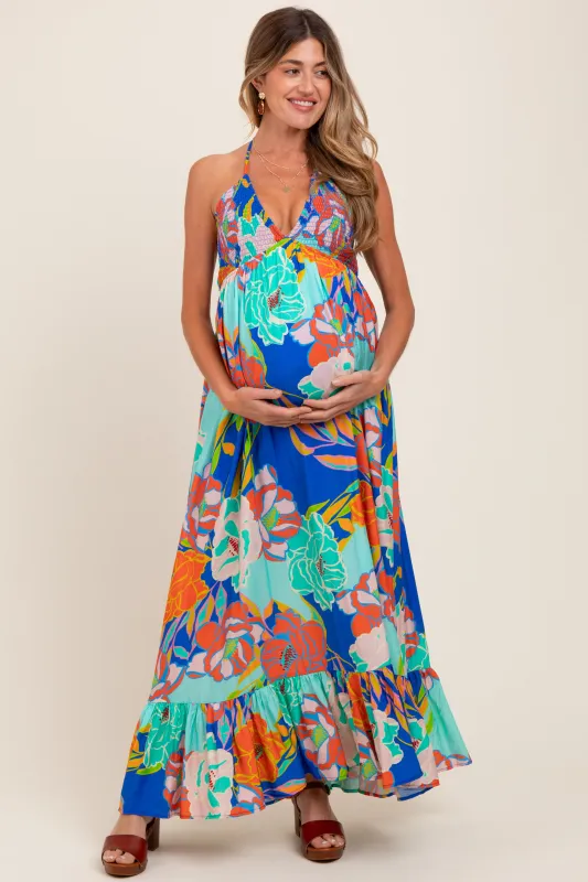 Royal Blue Floral Halter Cutout Tie Back Maternity Maxi Dress sold by Pinkblush