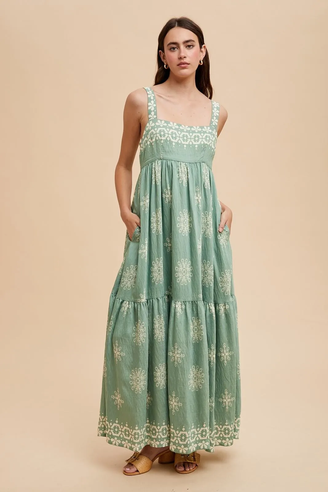 Mint Border Print Sleeveless Tiered Maxi Dress sold by Pinkblush