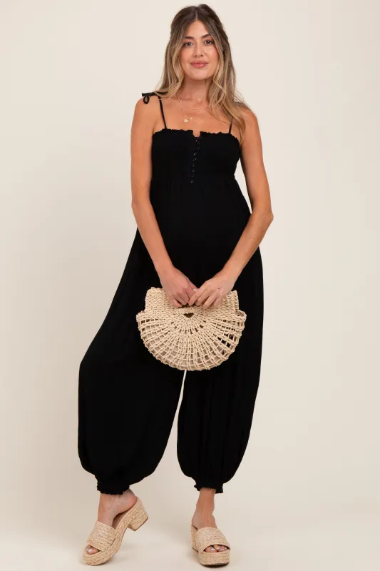 Black Smocked Button Front Shoulder Tie Maternity Jumpsuit sold by Pinkblush