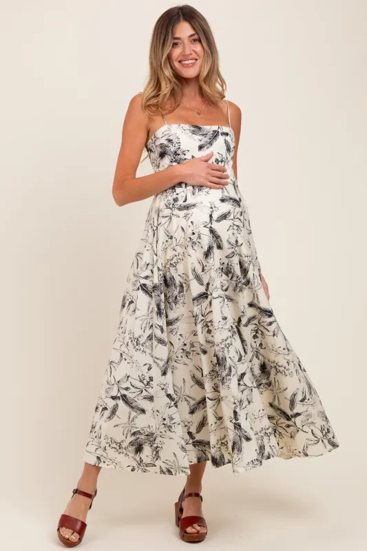 Cream Spaghetti Strap Printed A-Line Maternity Midi Dress sold by Pinkblush