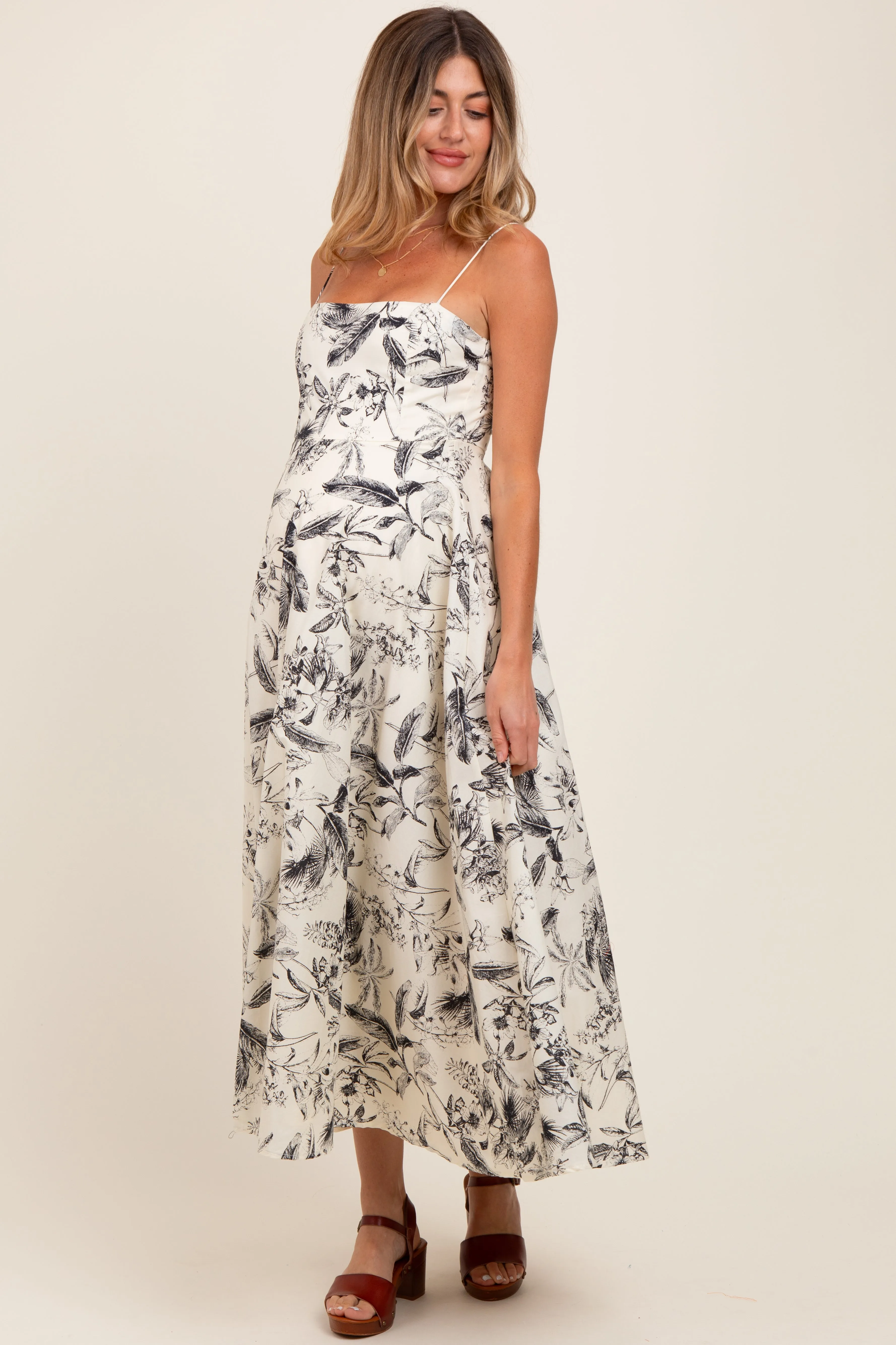 Cream Spaghetti Strap Printed A-Line Maternity Midi Dress sold by Pinkblush product image thumbnail 2