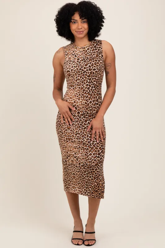 Taupe Leopard Knit Side Slit Midi Dress sold by Pinkblush