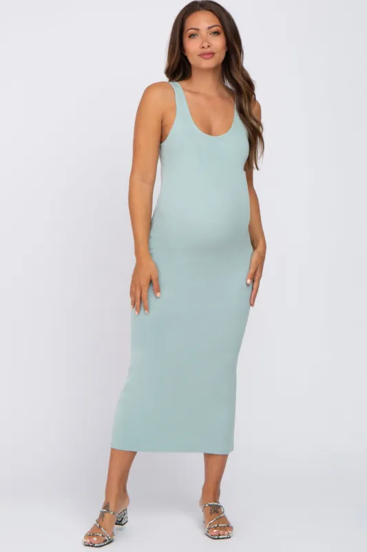 Mint Green Knit Square Neck Maternity Midi Dress sold by Pinkblush