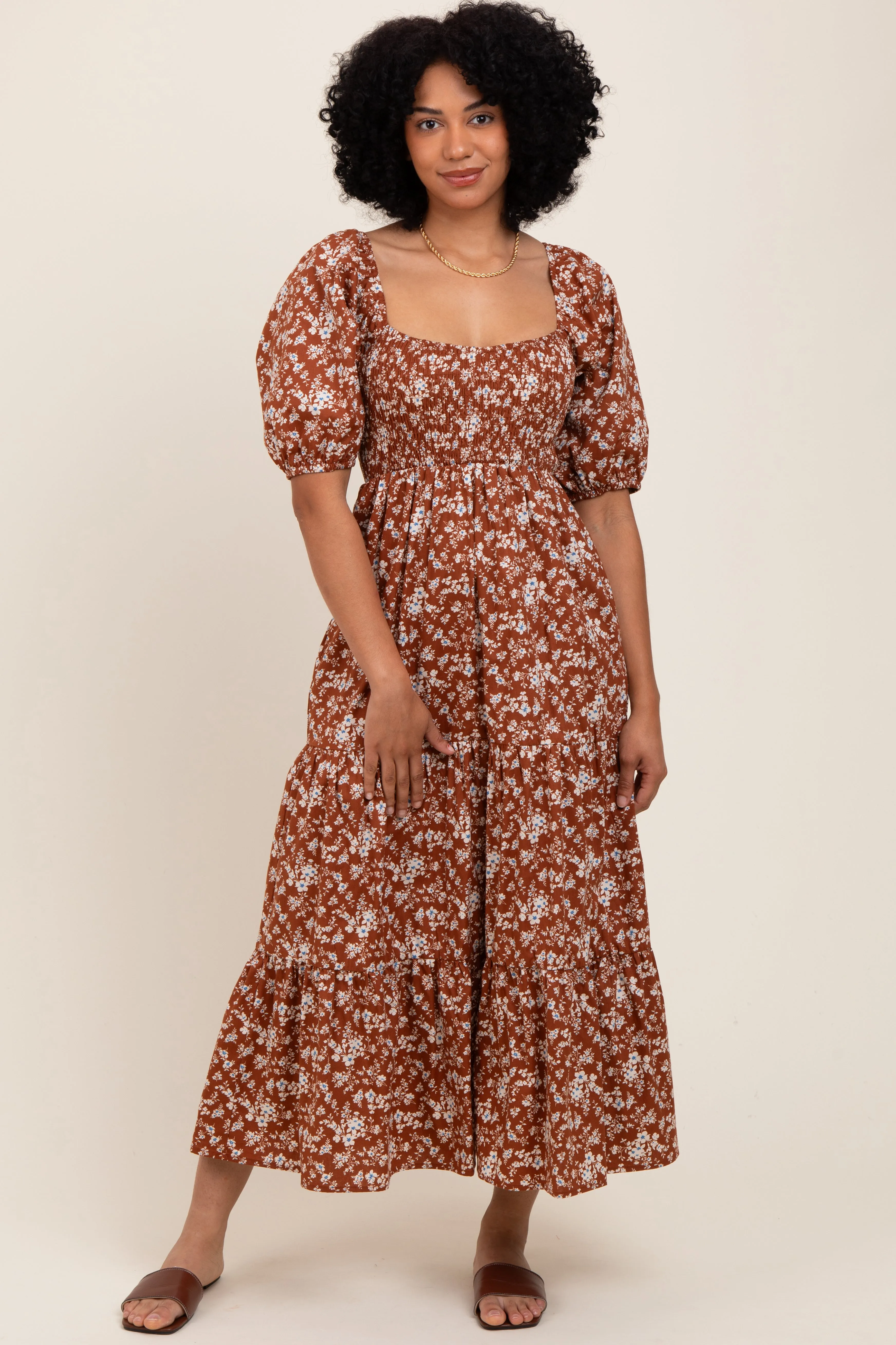 Rust Floral Smocked Puff Sleeve Maxi Dress sold by Pinkblush