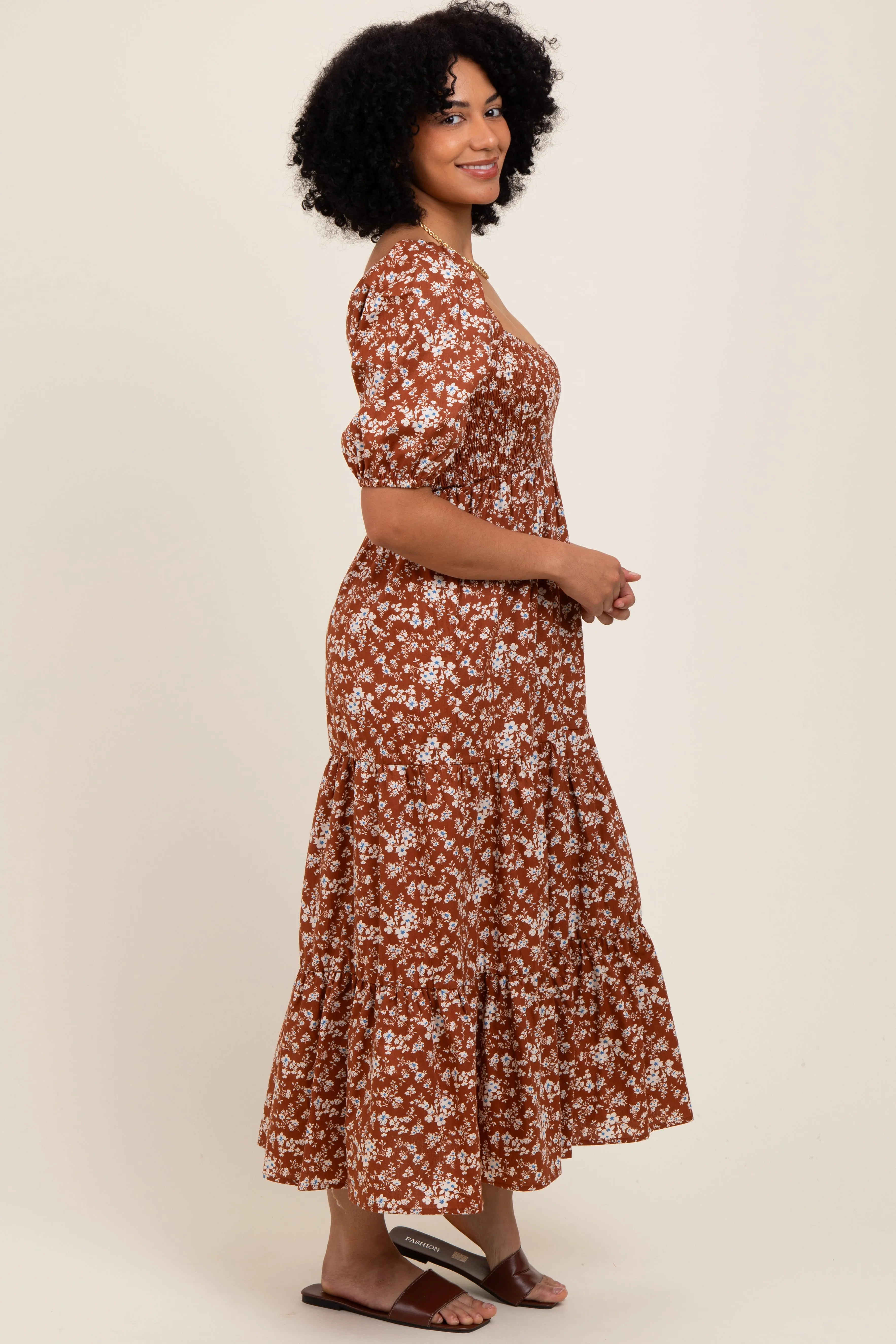 Rust Floral Smocked Puff Sleeve Maxi Dress sold by Pinkblush product image thumbnail 2
