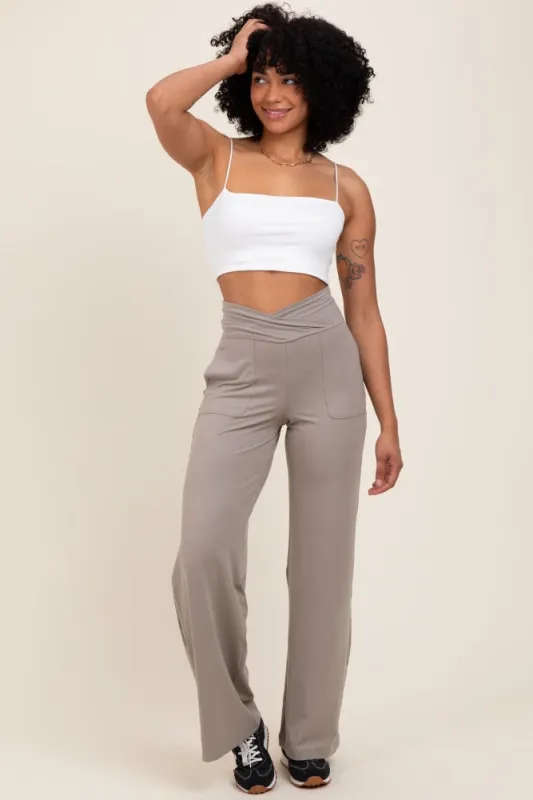 Light Taupe Crossover Waist Active Wide Leg Pant sold by Pinkblush
