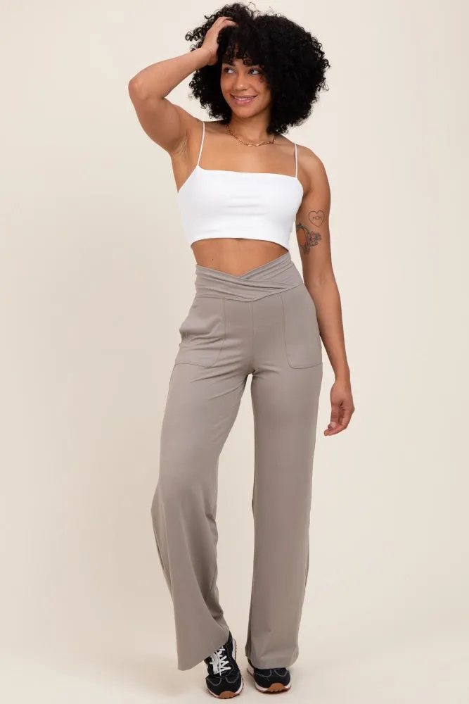 Light Taupe Crossover Waist Active Wide Leg Pant sold by Pinkblush