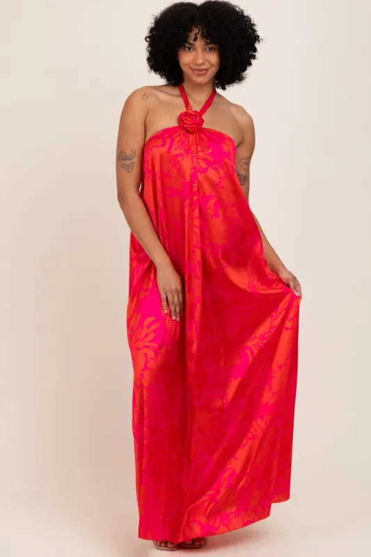 Fuchsia Multi Halter Flower Neck Accent Maxi Dress sold by Pinkblush