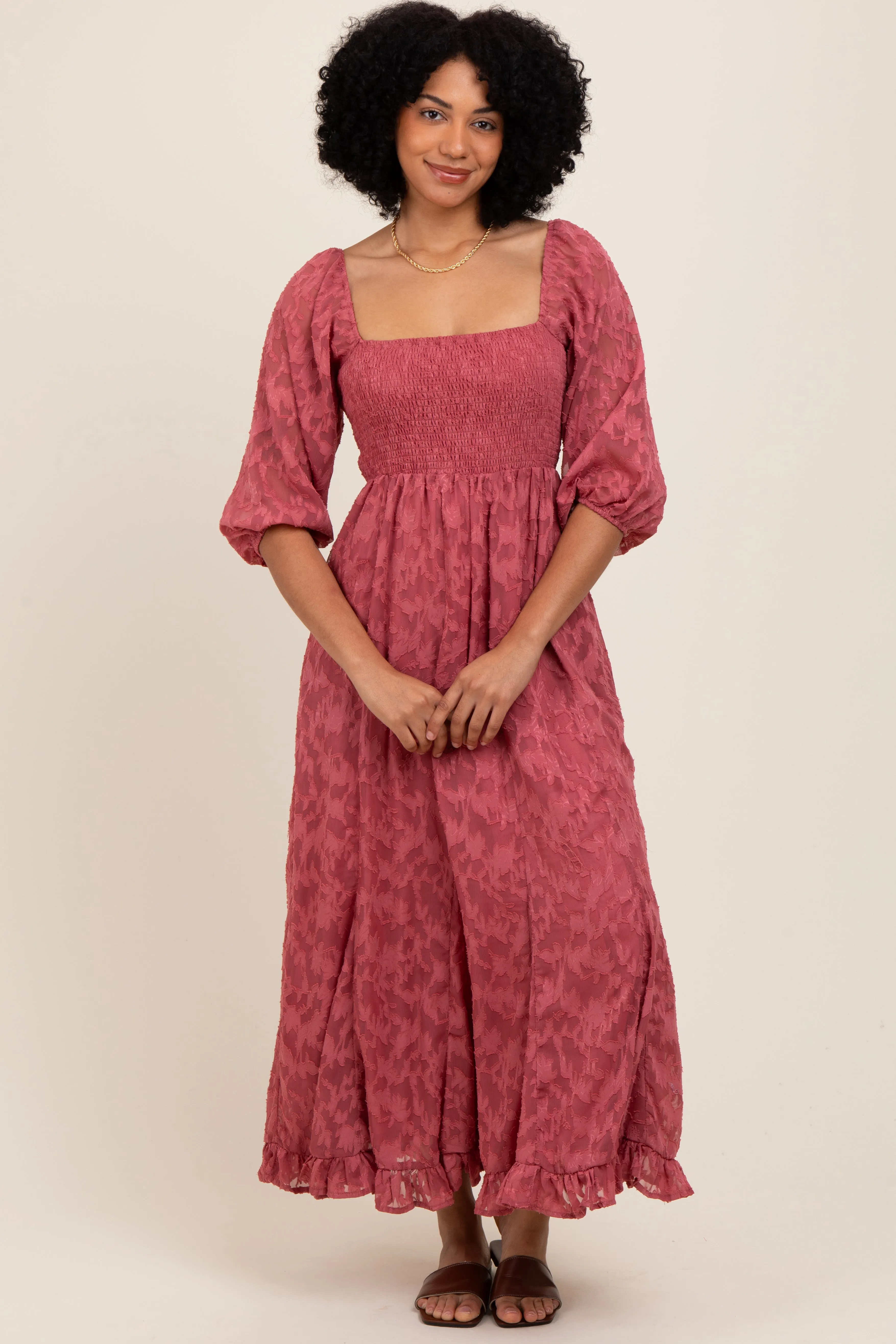 Mauve Textured Overlay Smocked Ruffled Hem Maxi Dress sold by Pinkblush product image thumbnail 2