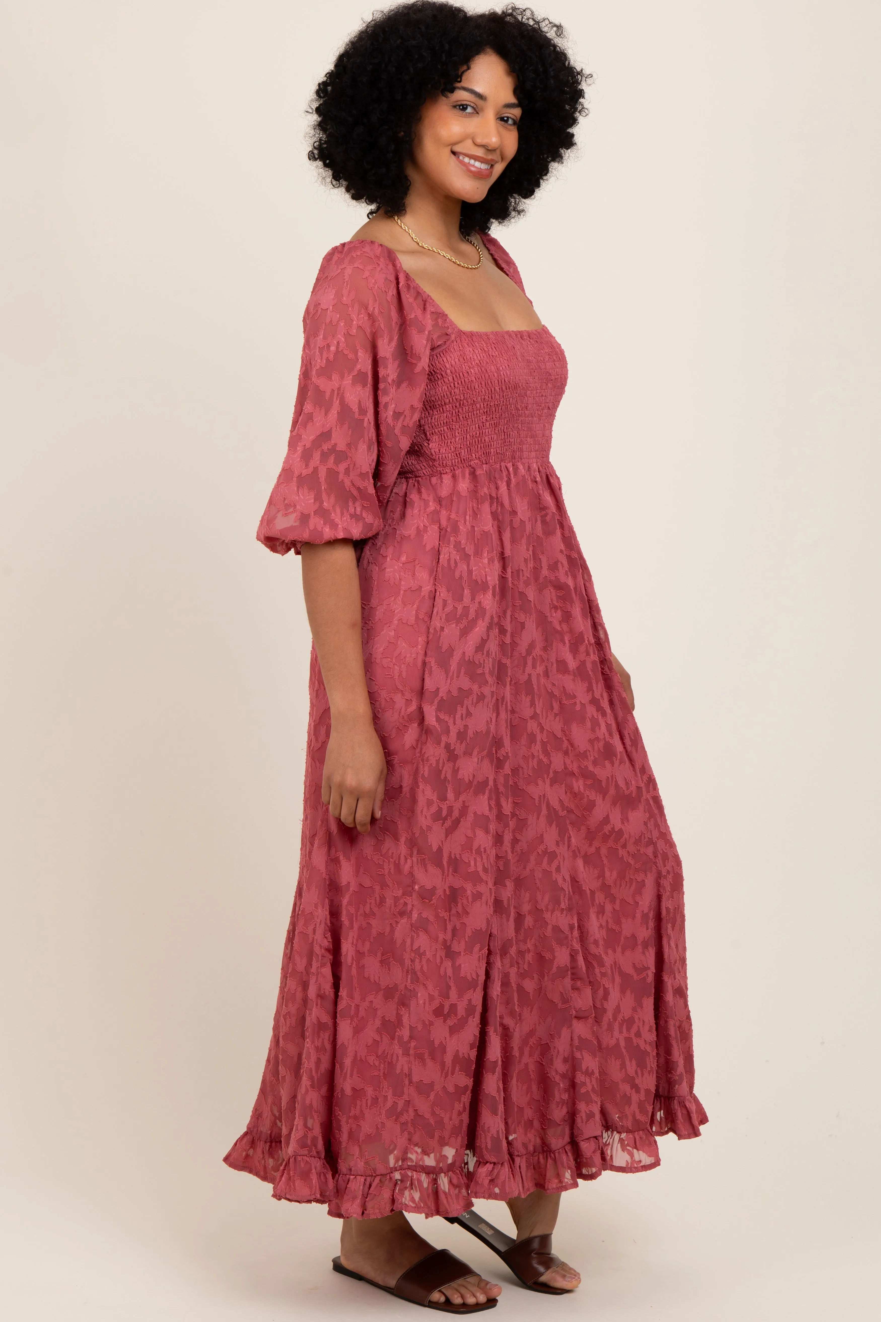 Mauve Textured Overlay Smocked Ruffled Hem Maxi Dress sold by Pinkblush product image thumbnail 3
