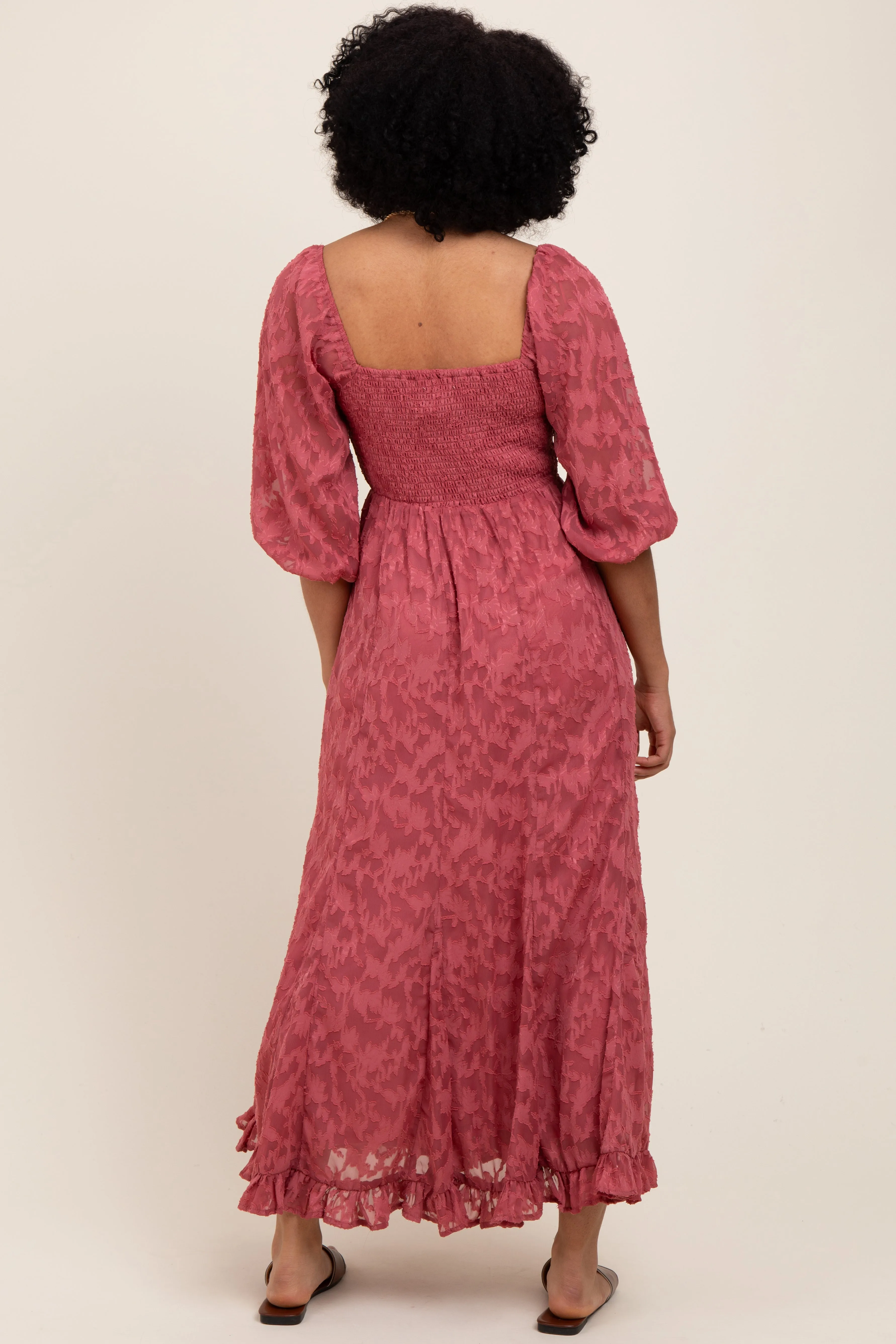 Mauve Textured Overlay Smocked Ruffled Hem Maxi Dress sold by Pinkblush product image thumbnail 4