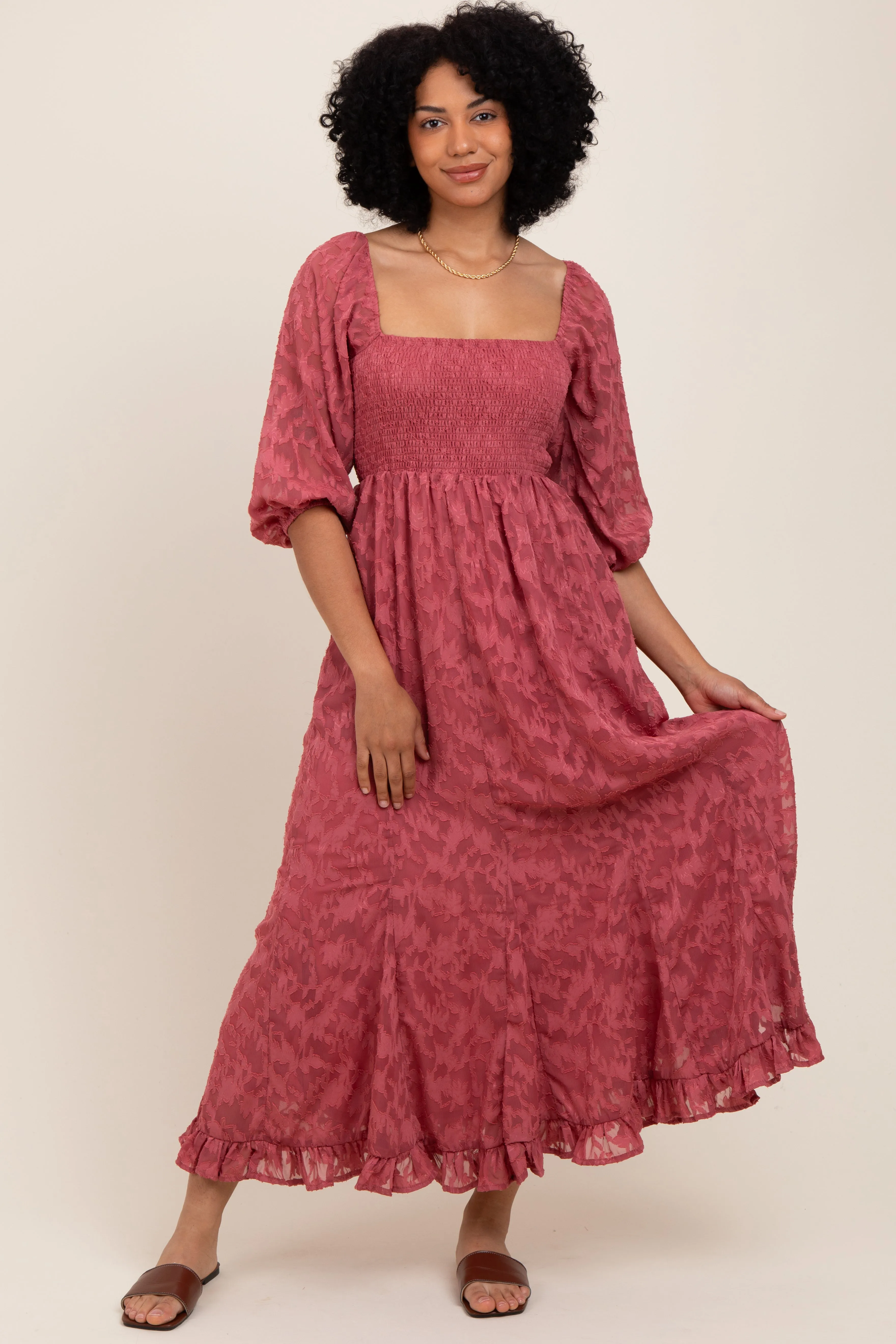 Mauve Textured Overlay Smocked Ruffled Hem Maxi Dress sold by Pinkblush