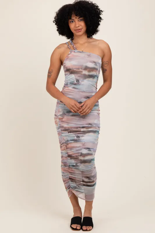 Multicolor Printed Mesh One Shoulder Midi Dress sold by Pinkblush
