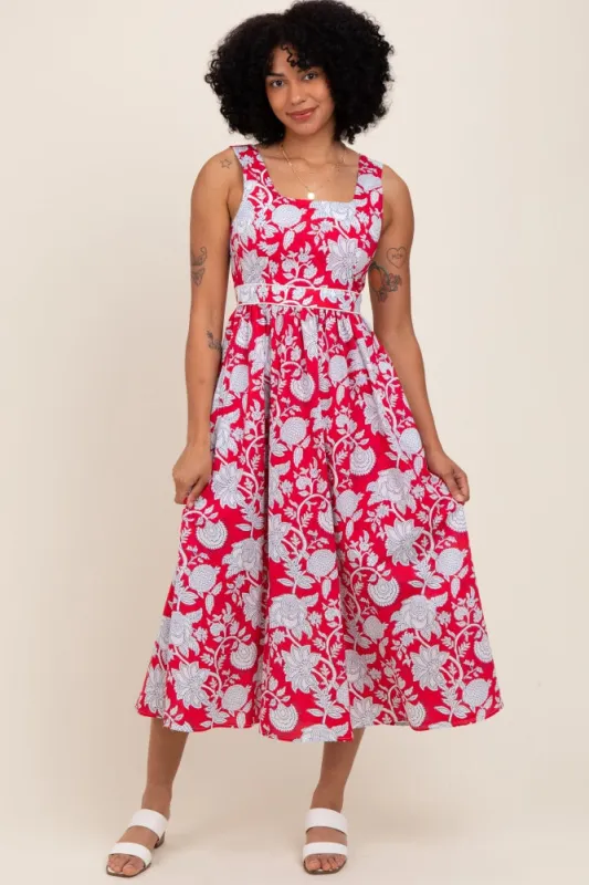 Red Floral Square Neck Sleeveless Midi Dress sold by Pinkblush