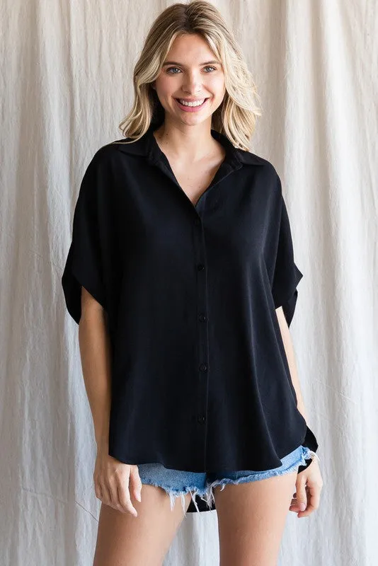 Black Solid Collared Button-Up Top sold by Pinkblush
