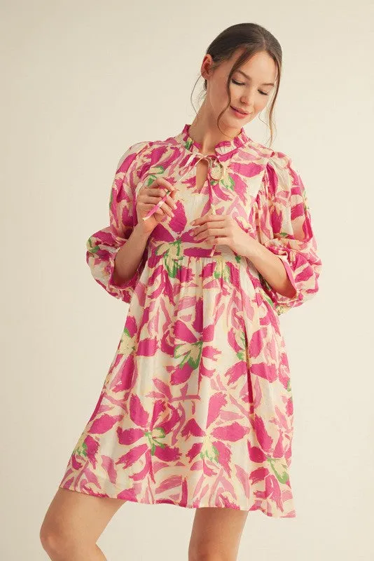 Fuchsia Abstract Floral Front Tie 3/4 Sleeve Dress sold by Pinkblush