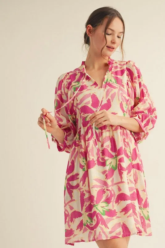 Fuchsia Abstract Floral Front Tie 3/4 Sleeve Dress sold by Pinkblush product image thumbnail 2