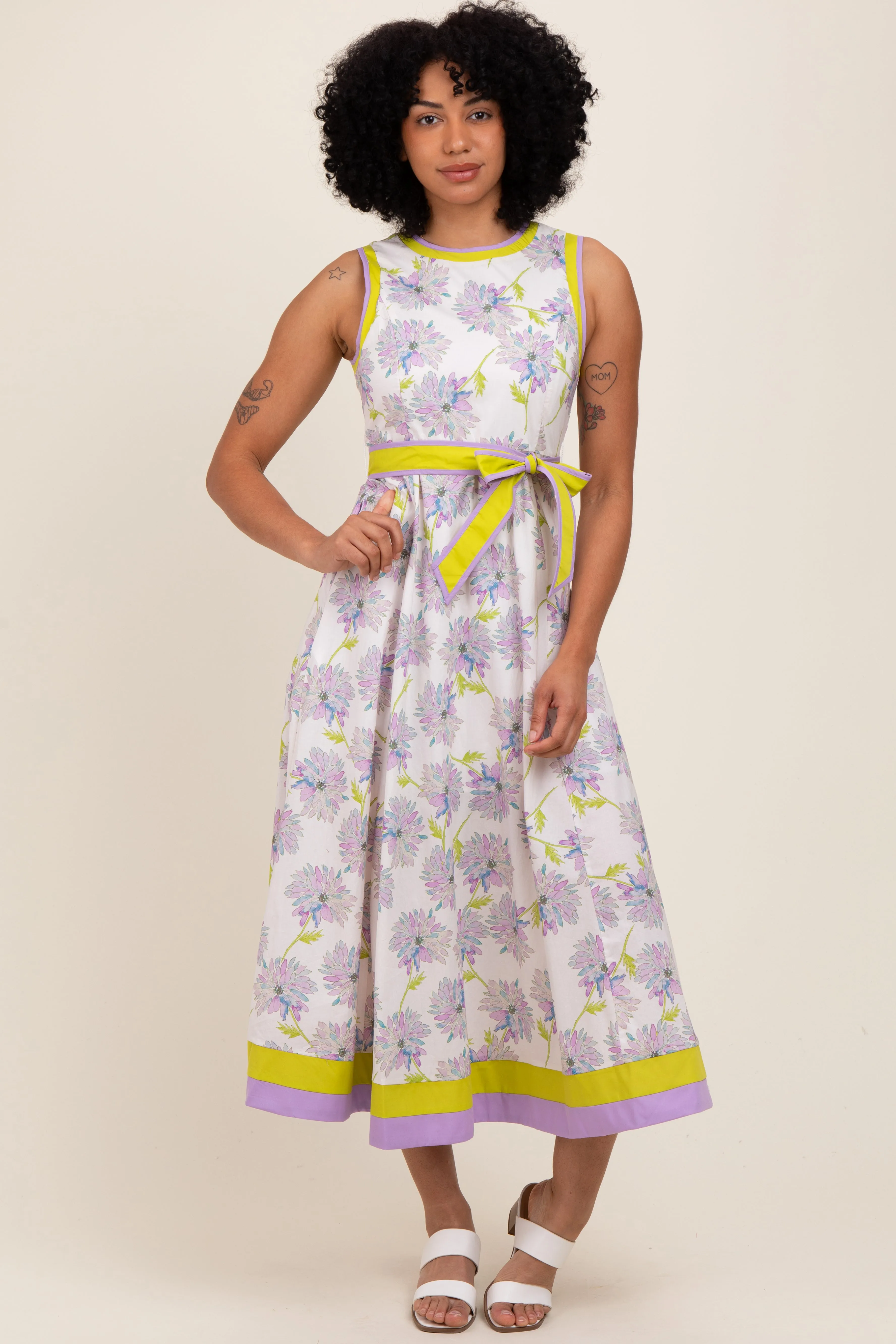 Lavender Floral Sleeveless Sash Tie Midi Dress sold by Pinkblush