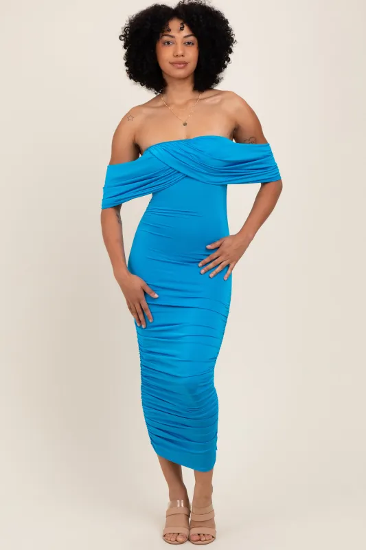 Blue Off Shoulder Draped Ruched Midi Dress sold by Pinkblush