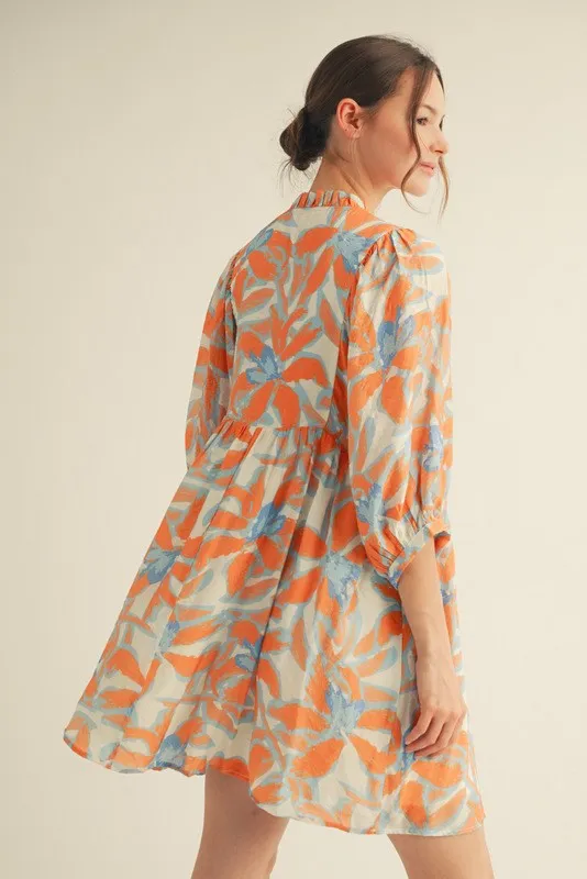 Orange Abstract Floral Front Tie 3/4 Sleeve Dress sold by Pinkblush product image thumbnail 3