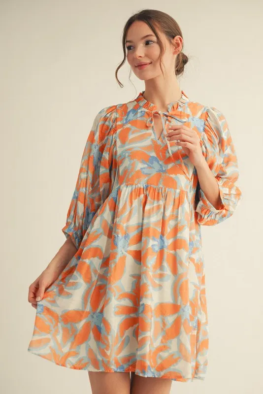 Orange Abstract Floral Front Tie 3/4 Sleeve Dress sold by Pinkblush