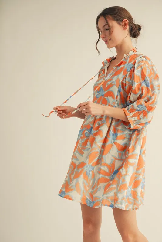 Orange Abstract Floral Front Tie 3/4 Sleeve Dress sold by Pinkblush product image thumbnail 2