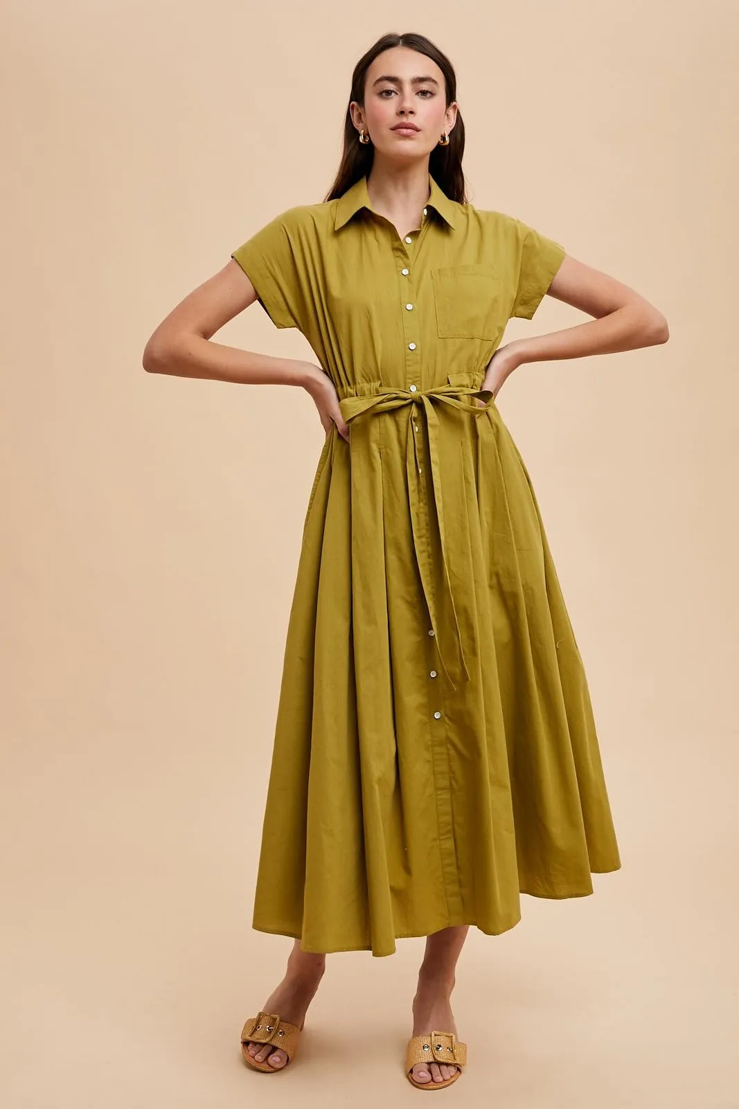 Olive Button Down Shirt Maxi Dress sold by Pinkblush