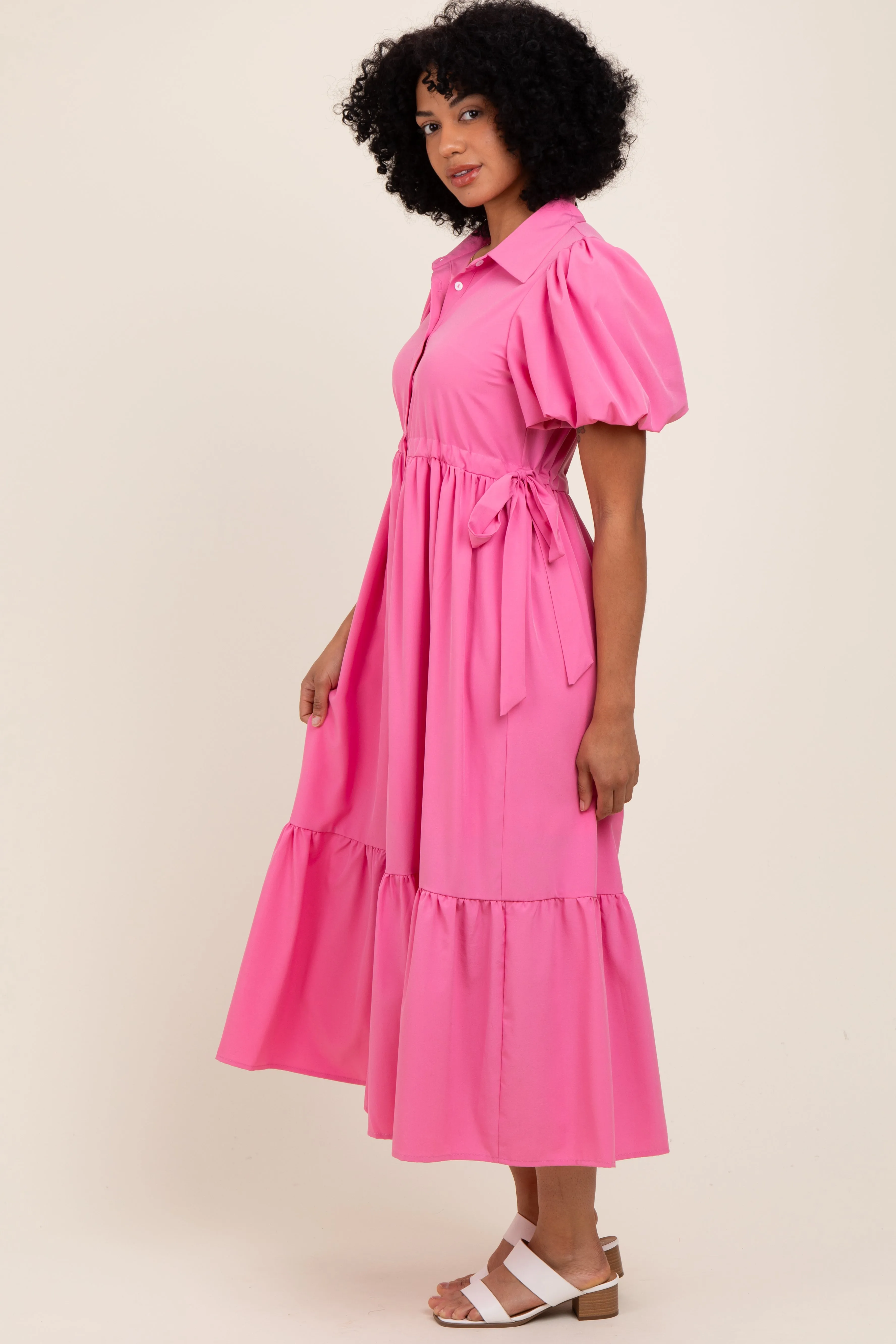 Pink Puff Sleeve Side Tie Midi Shirt Dress sold by Pinkblush product image thumbnail 2