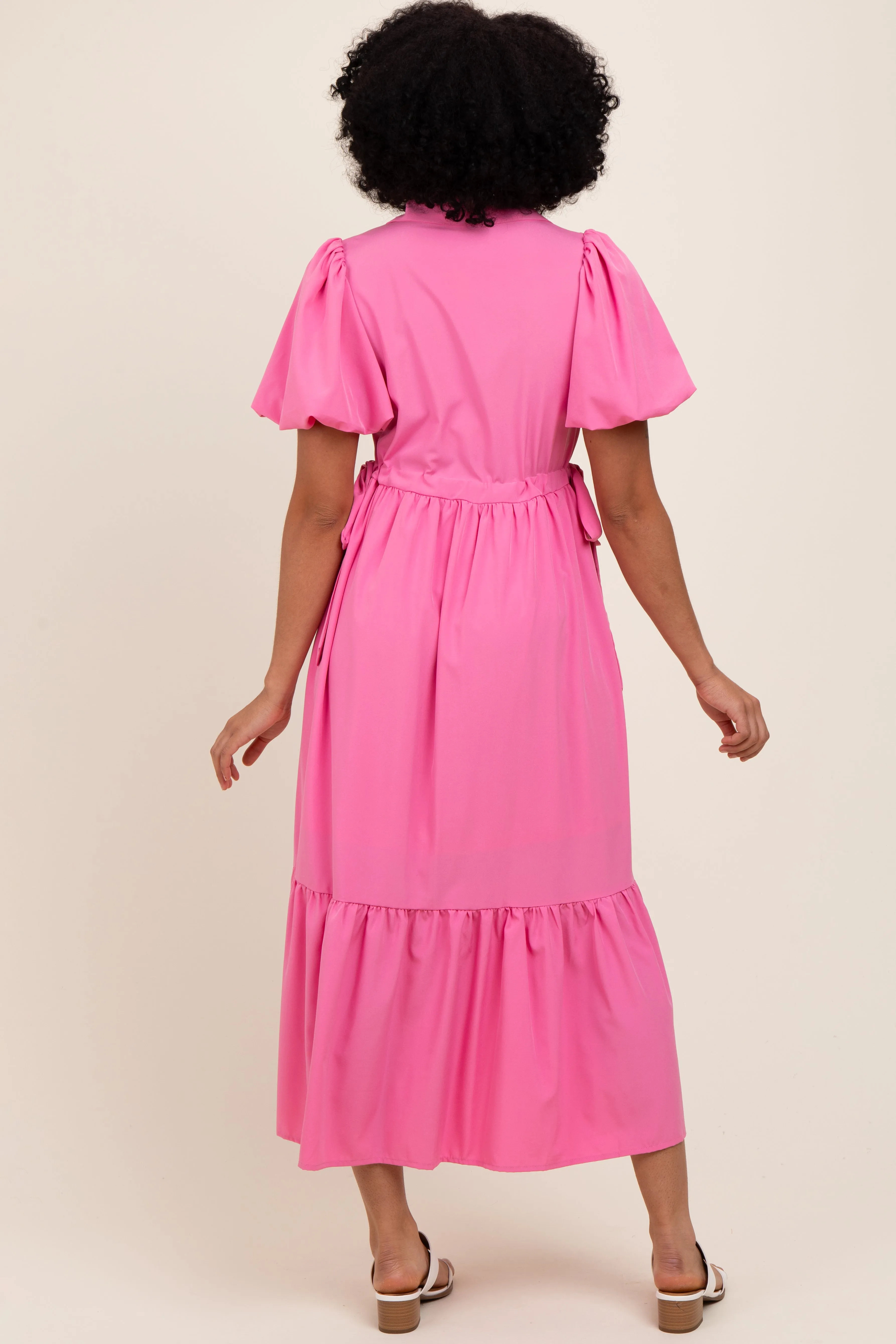 Pink Puff Sleeve Side Tie Midi Shirt Dress sold by Pinkblush product image thumbnail 3
