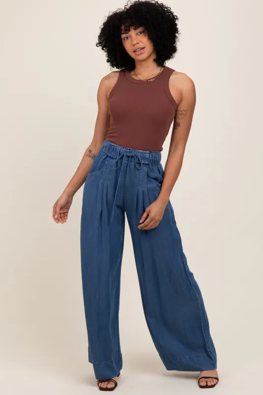 Navy Chambray Drawstring Wide Leg Pants sold by Pinkblush