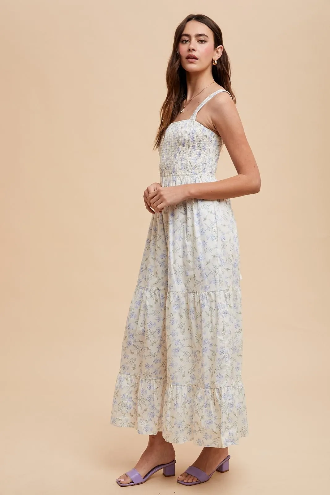 Light Blue Smocked Cotton Floral Sleeveless Maxi Dress sold by Pinkblush product image thumbnail 3