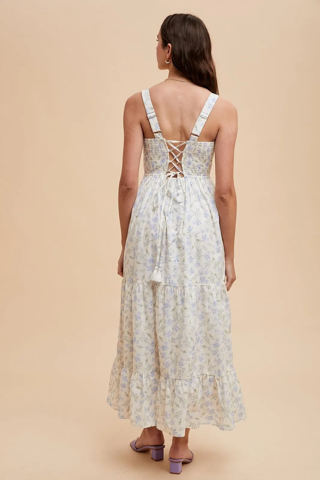 Light Blue Smocked Cotton Floral Sleeveless Maxi Dress sold by Pinkblush product image thumbnail 4