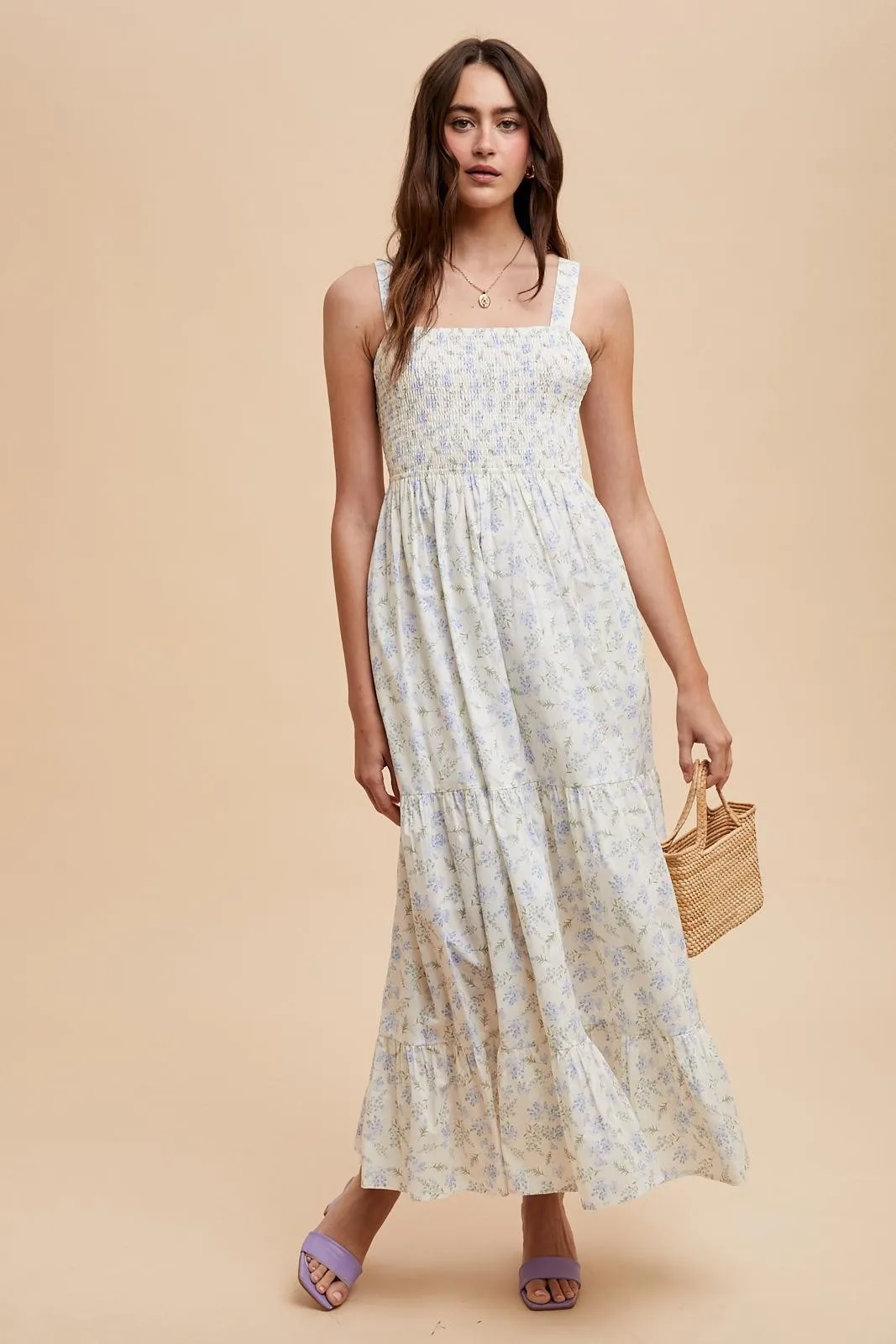 Light Blue Smocked Cotton Floral Sleeveless Maxi Dress sold by Pinkblush