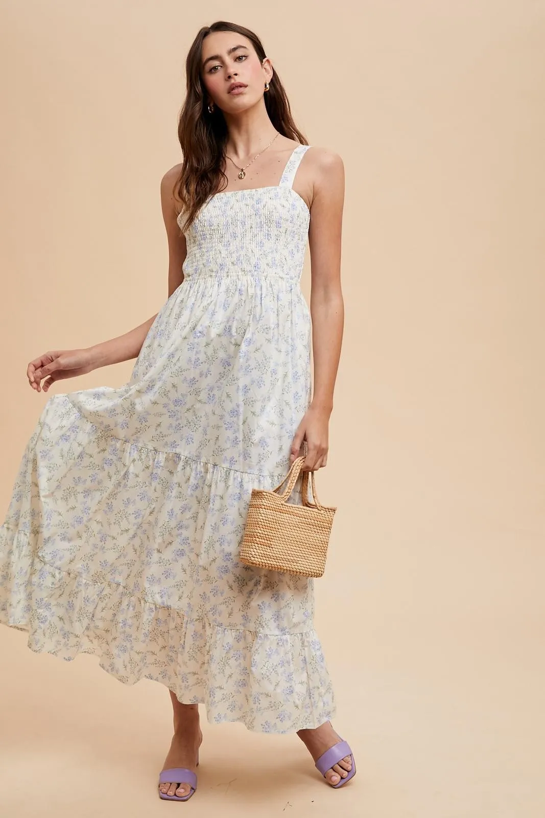 Light Blue Smocked Cotton Floral Sleeveless Maxi Dress sold by Pinkblush product image thumbnail 2