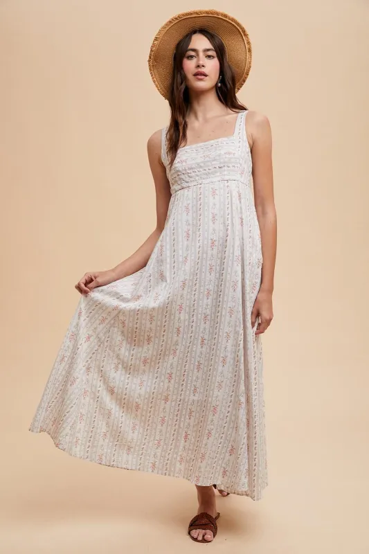 Light Gray Cotton Floral Square Neck Sleeveless Maxi Dress sold by Pinkblush