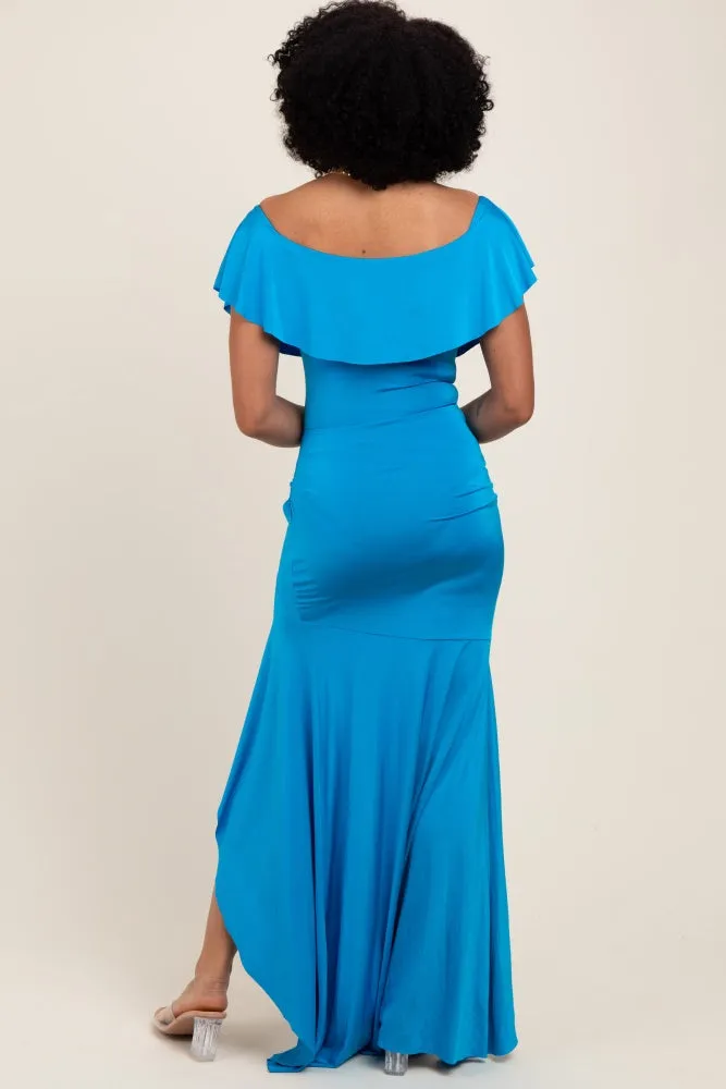 Blue Off Shoulder Ruffle Hi-Low Maxi Dress sold by Pinkblush product image thumbnail 3