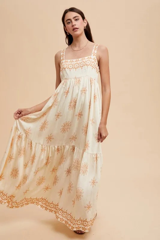 Cream Border Print Sleeveless Tiered Maxi Dress sold by Pinkblush
