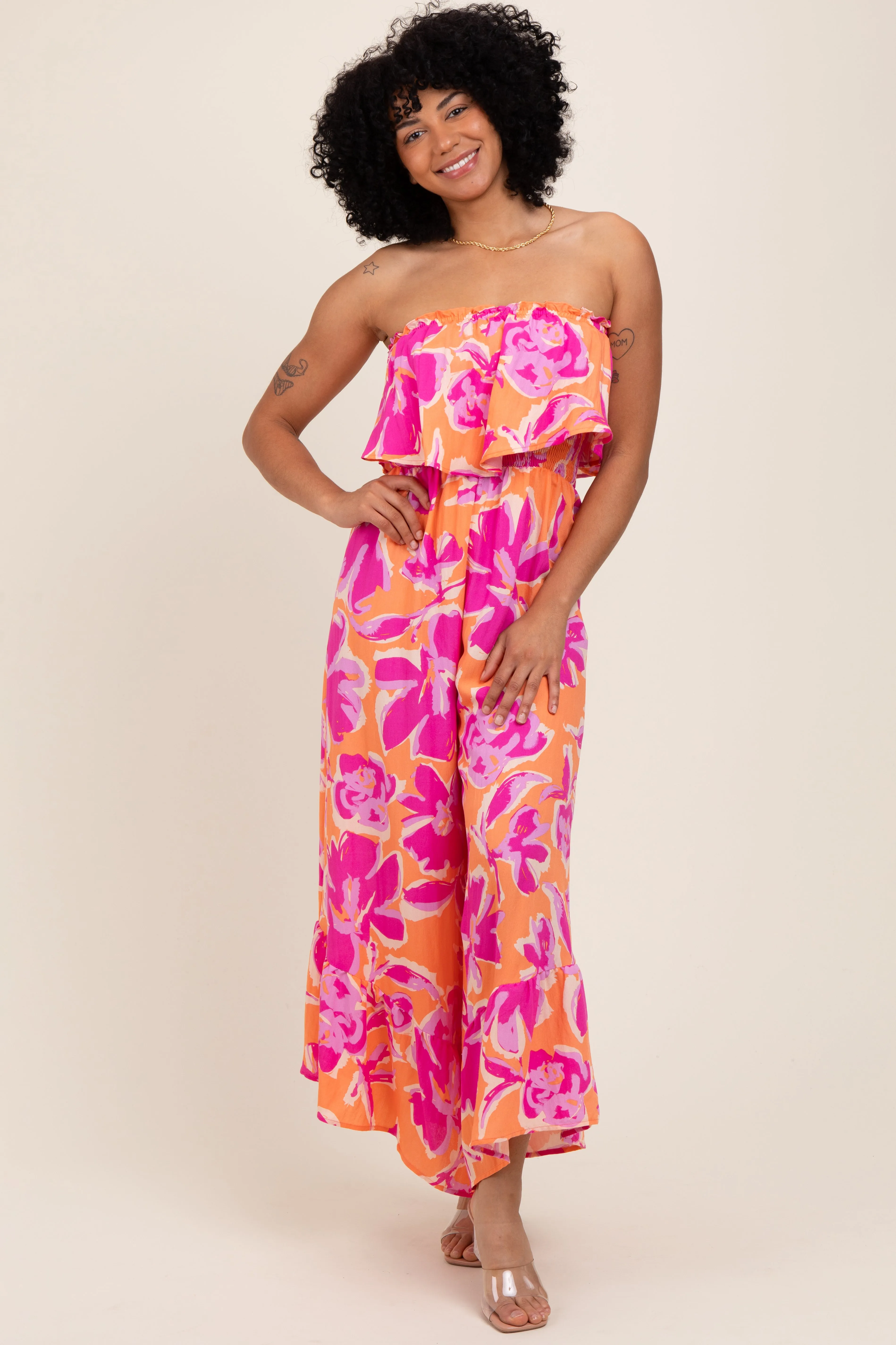 Orange Fuchsia Floral Strapless Ruffle Wide Leg Jumpsuit sold by Pinkblush