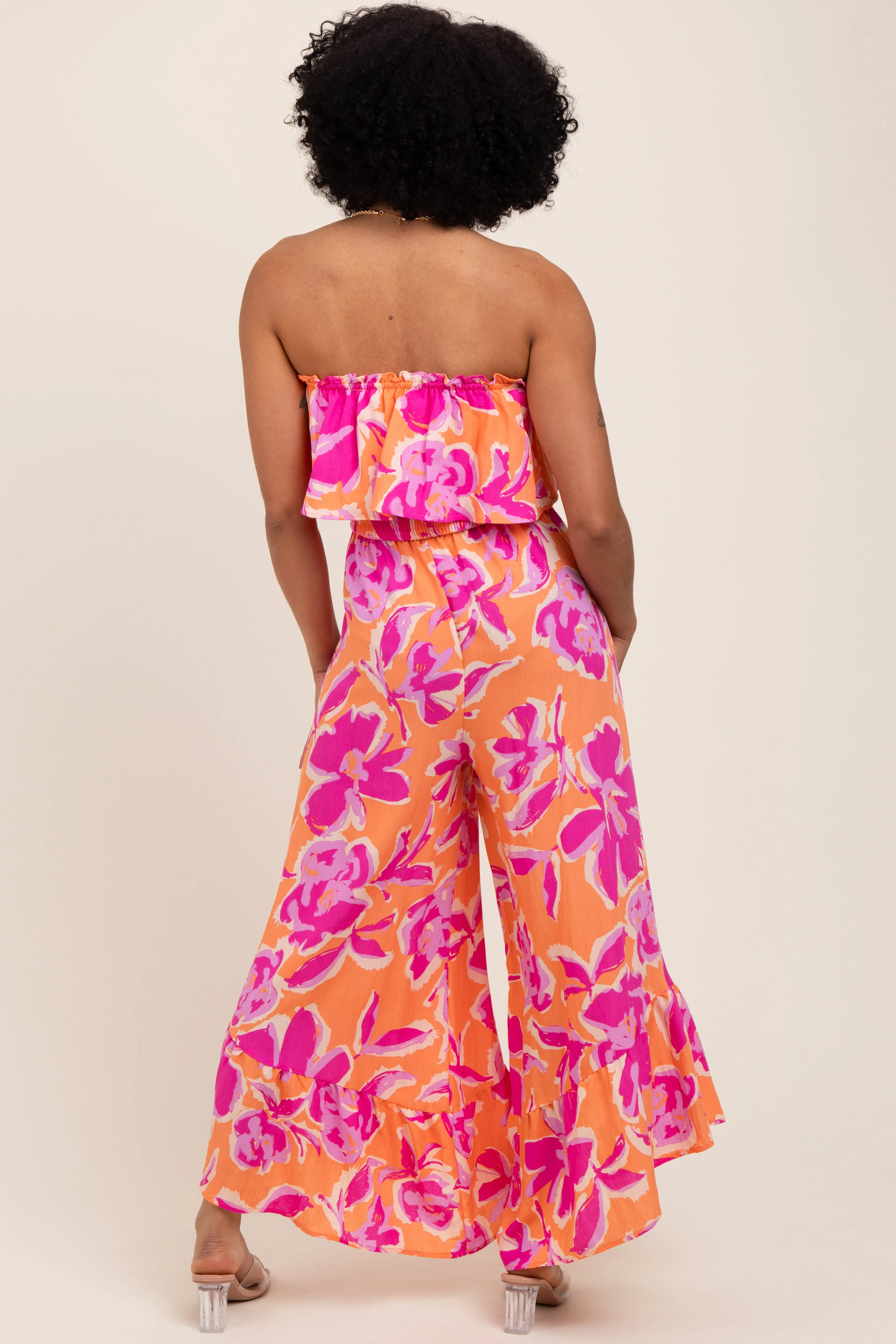 Orange Fuchsia Floral Strapless Ruffle Wide Leg Jumpsuit sold by Pinkblush product image thumbnail 3