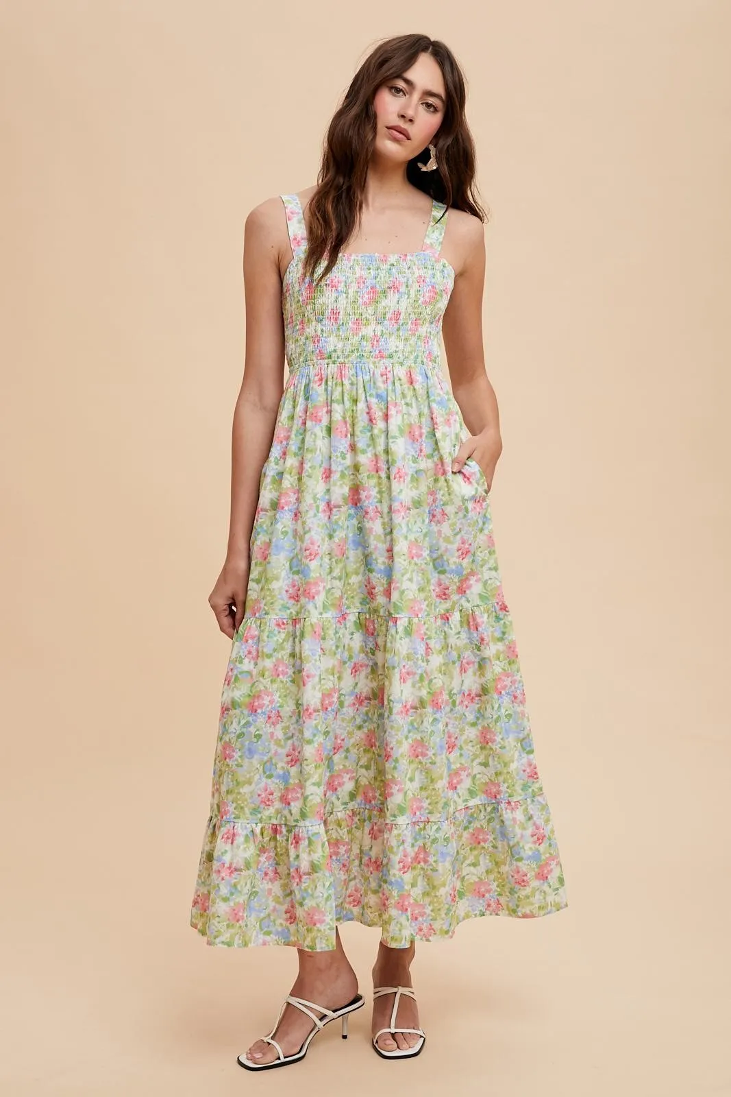 Multi Color Smocked Cotton Floral Sleeveless Maxi Dress sold by Pinkblush