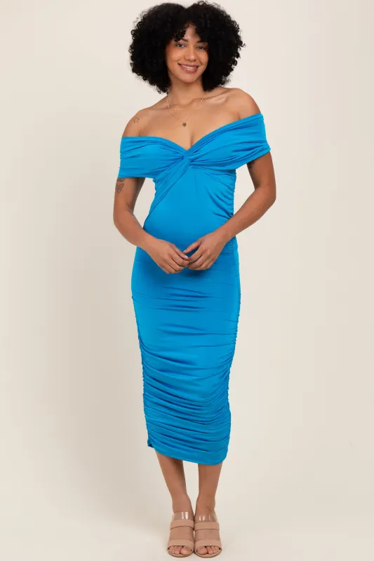 Blue Knotted Off Shoulder Ruched Midi Dress sold by Pinkblush